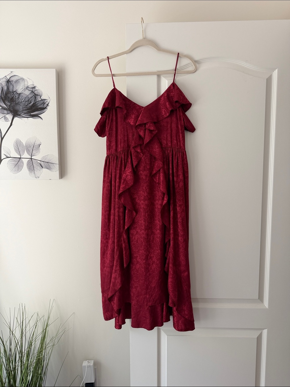 Ruffled Spaghetti-Strap Midi Dress in Burgundy